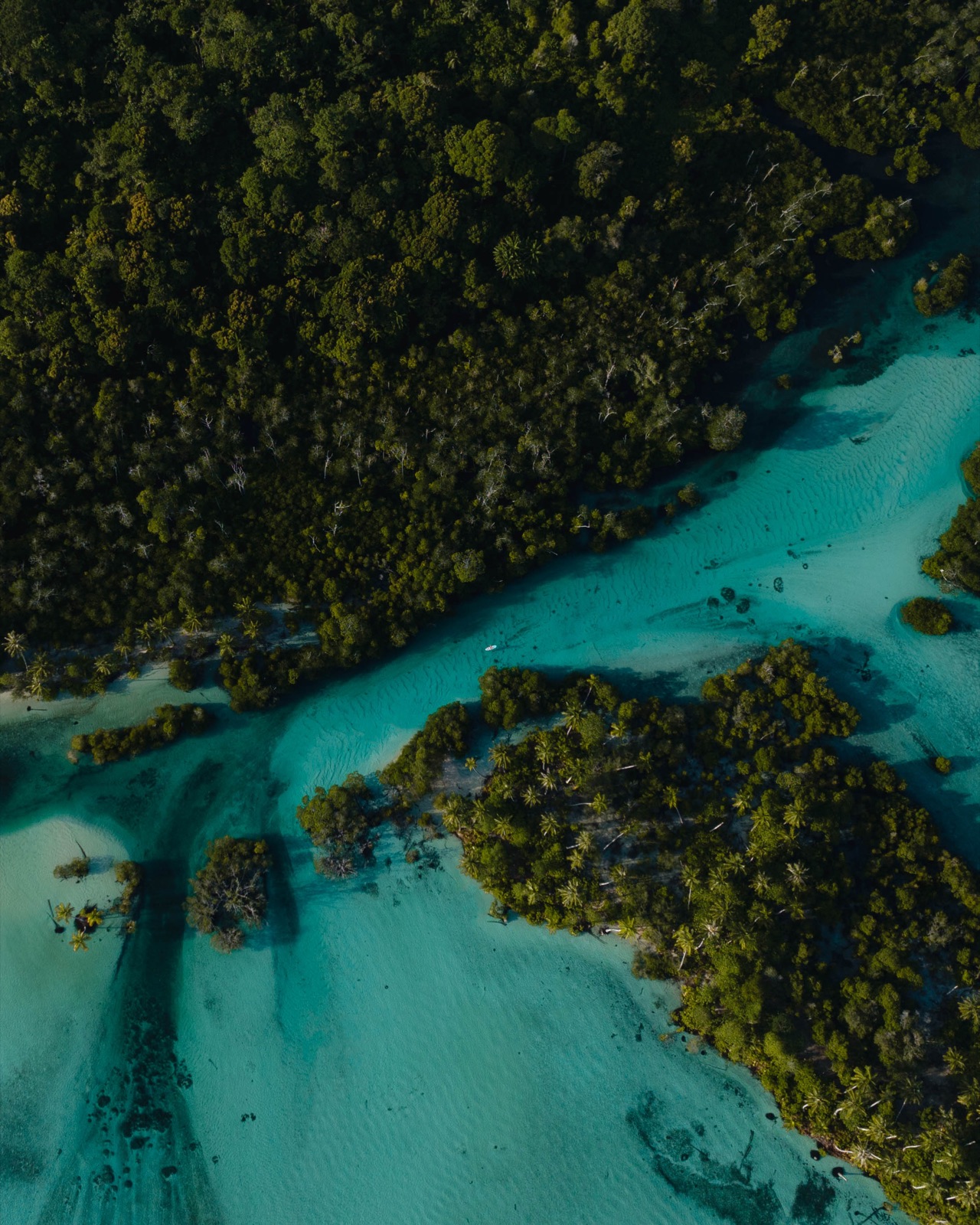 Aerial view of a turquoise mangrove channel cutting through the island