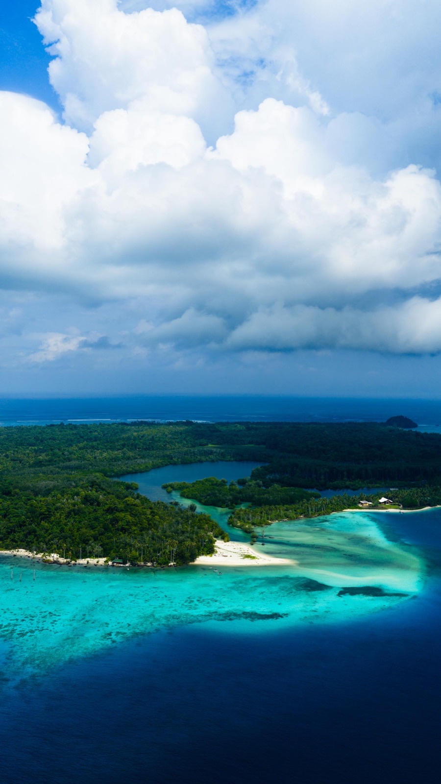 Wide aerial view of a jungle-covered island with a hidden inland lagoon and reef coastline, Mentawai Islands